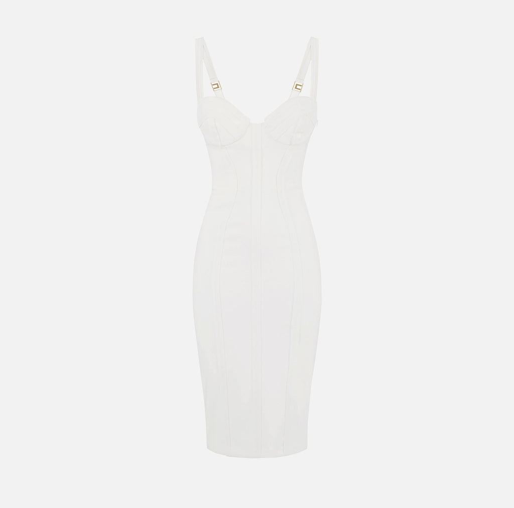 Ivory pencil dress with raw edge and topstitching