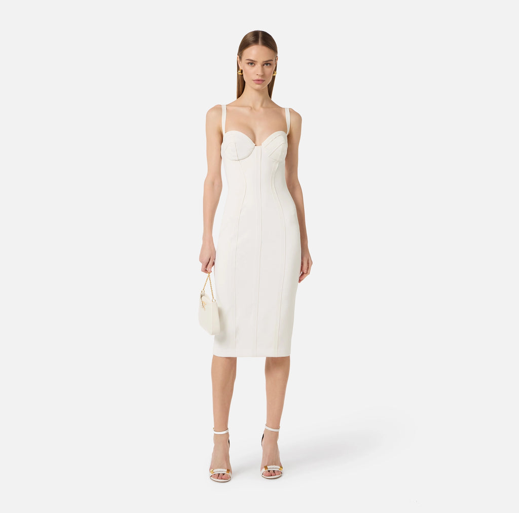 Ivory pencil dress with raw edge and topstitching