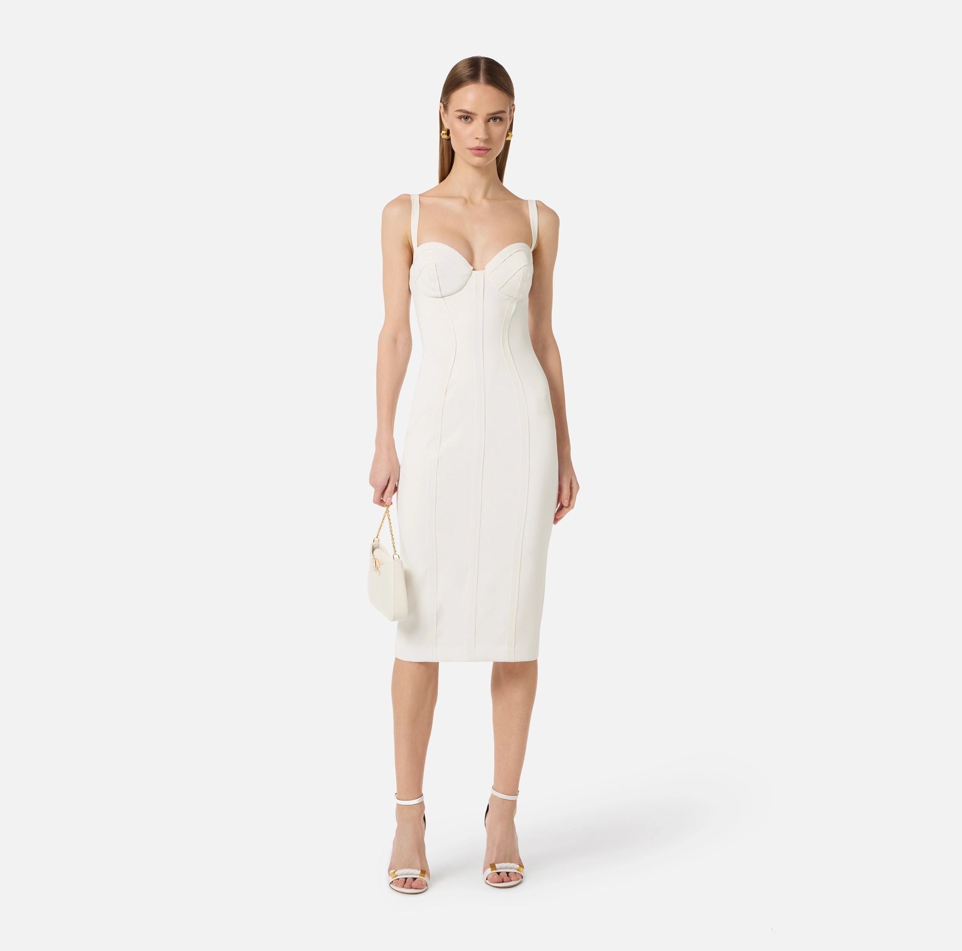 Ivory pencil dress with raw edge and topstitching