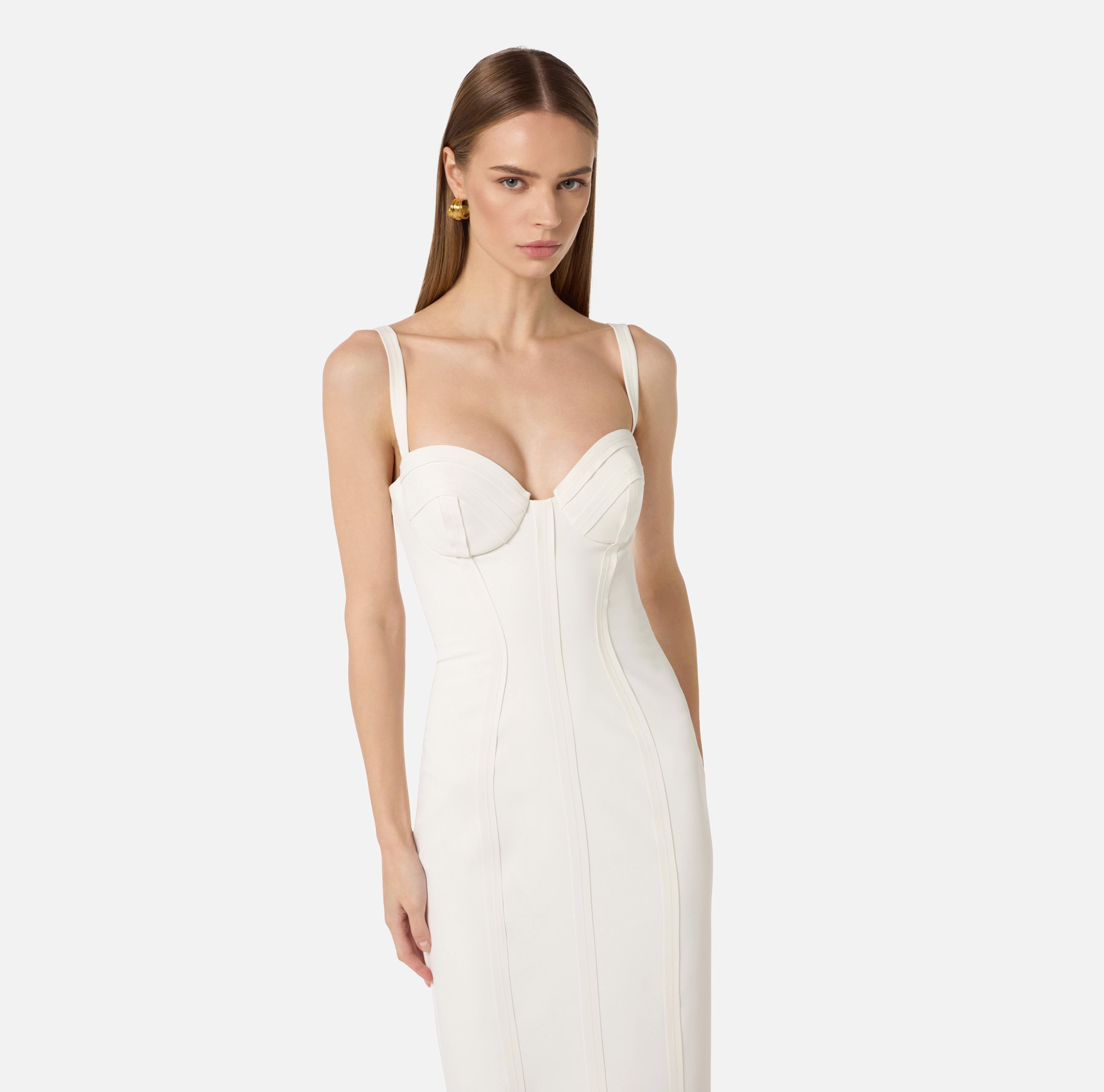 Ivory pencil dress with raw edge and topstitching