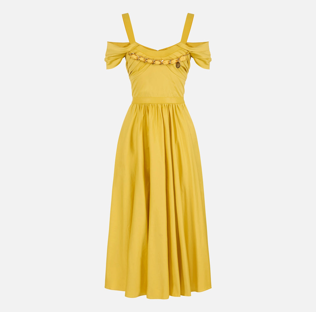Yellow stretch cotton midi dress with chain detail