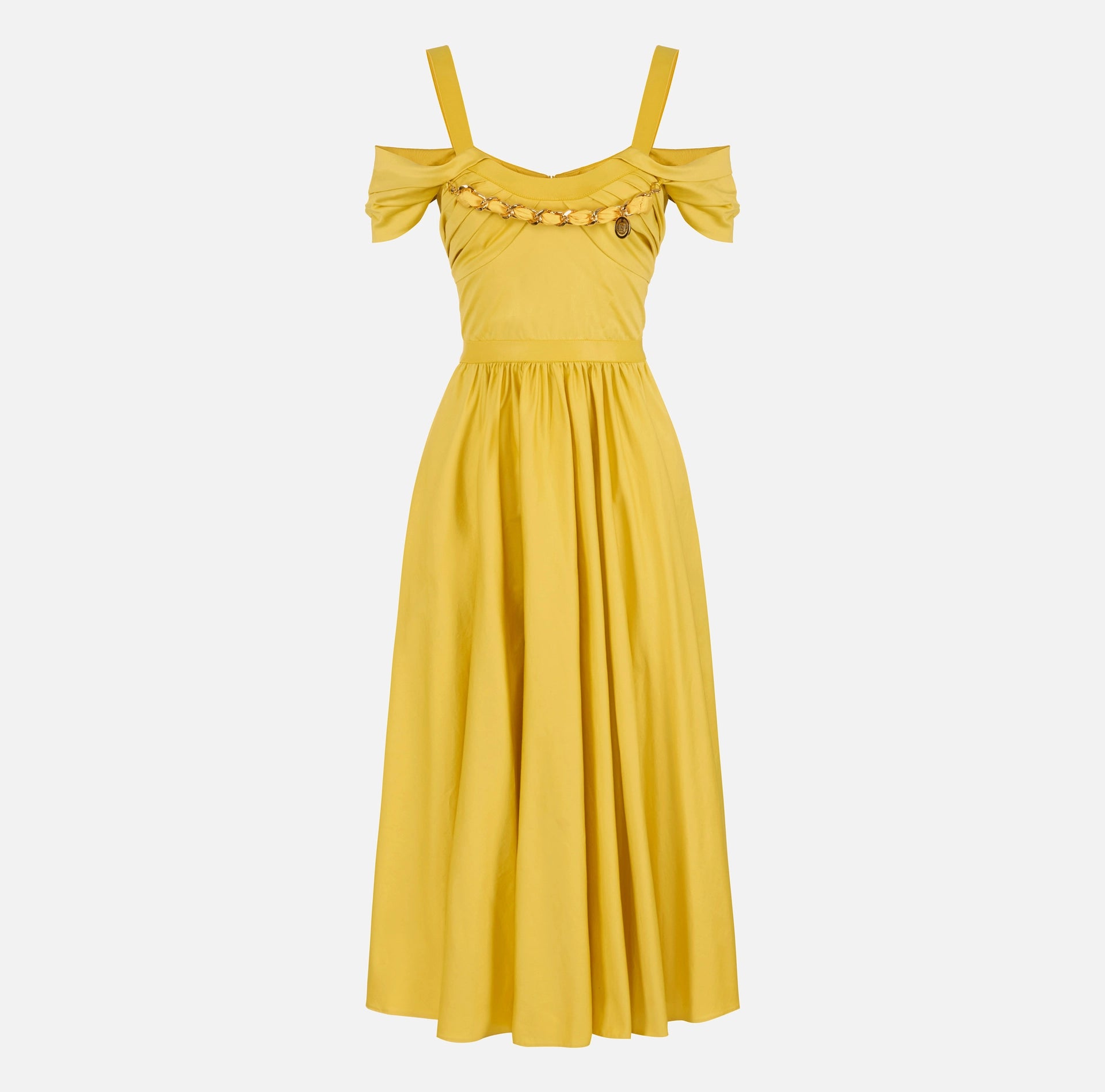 Yellow stretch cotton midi dress with chain detail