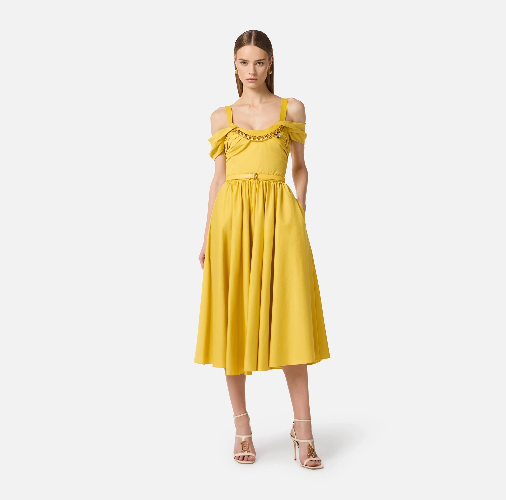 Yellow stretch cotton midi dress with chain detail