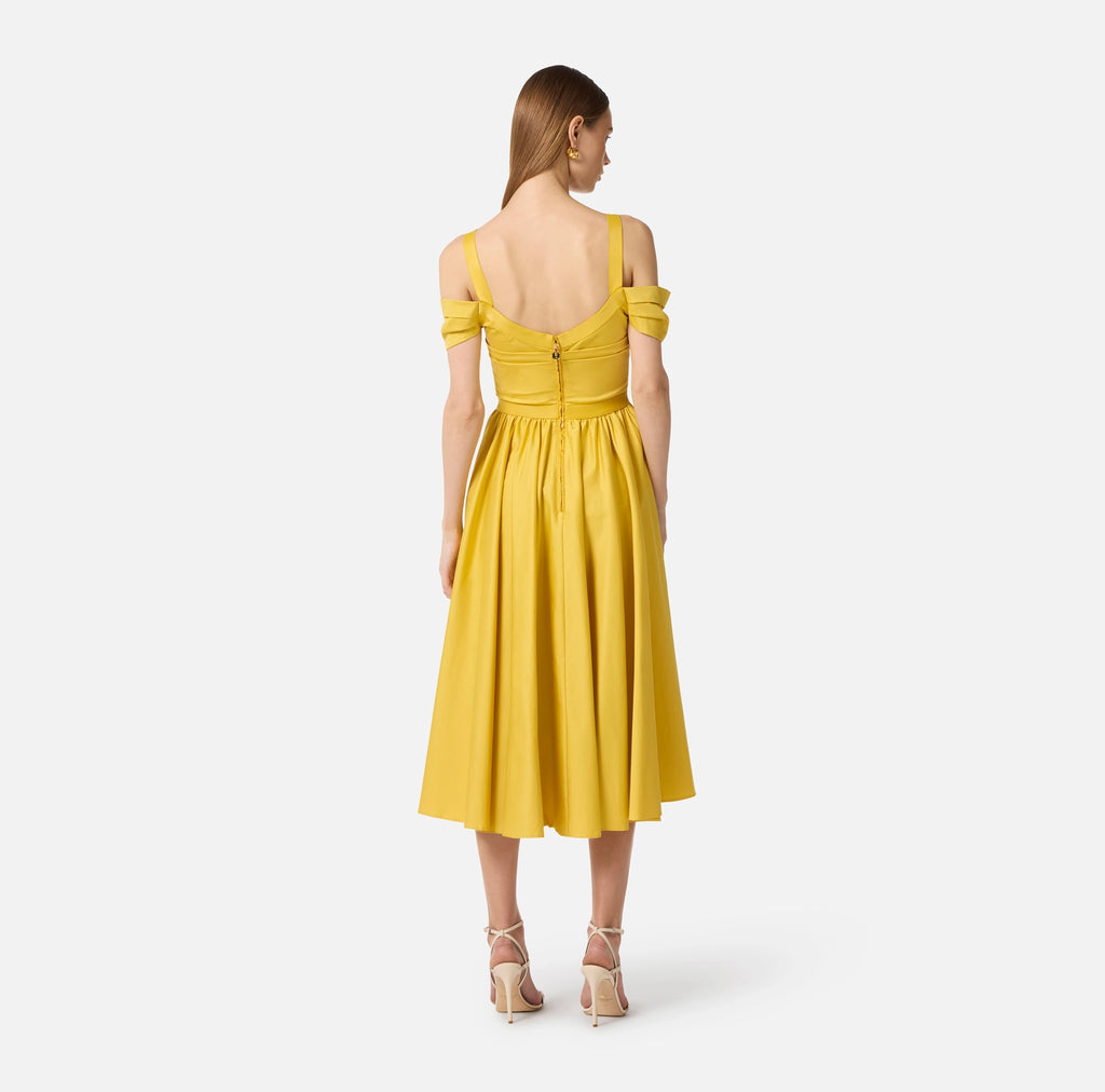 Yellow stretch cotton midi dress with chain detail