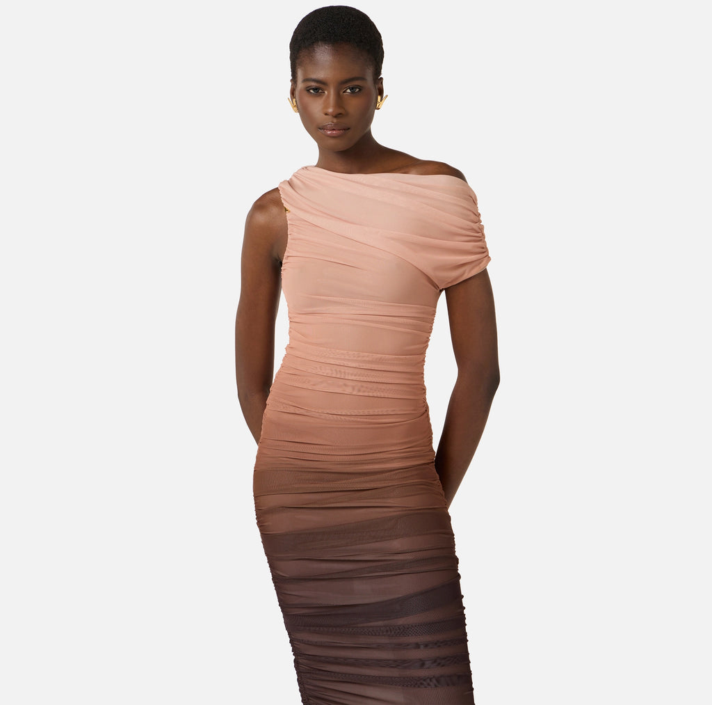 Tan tulle ombre midi dress
