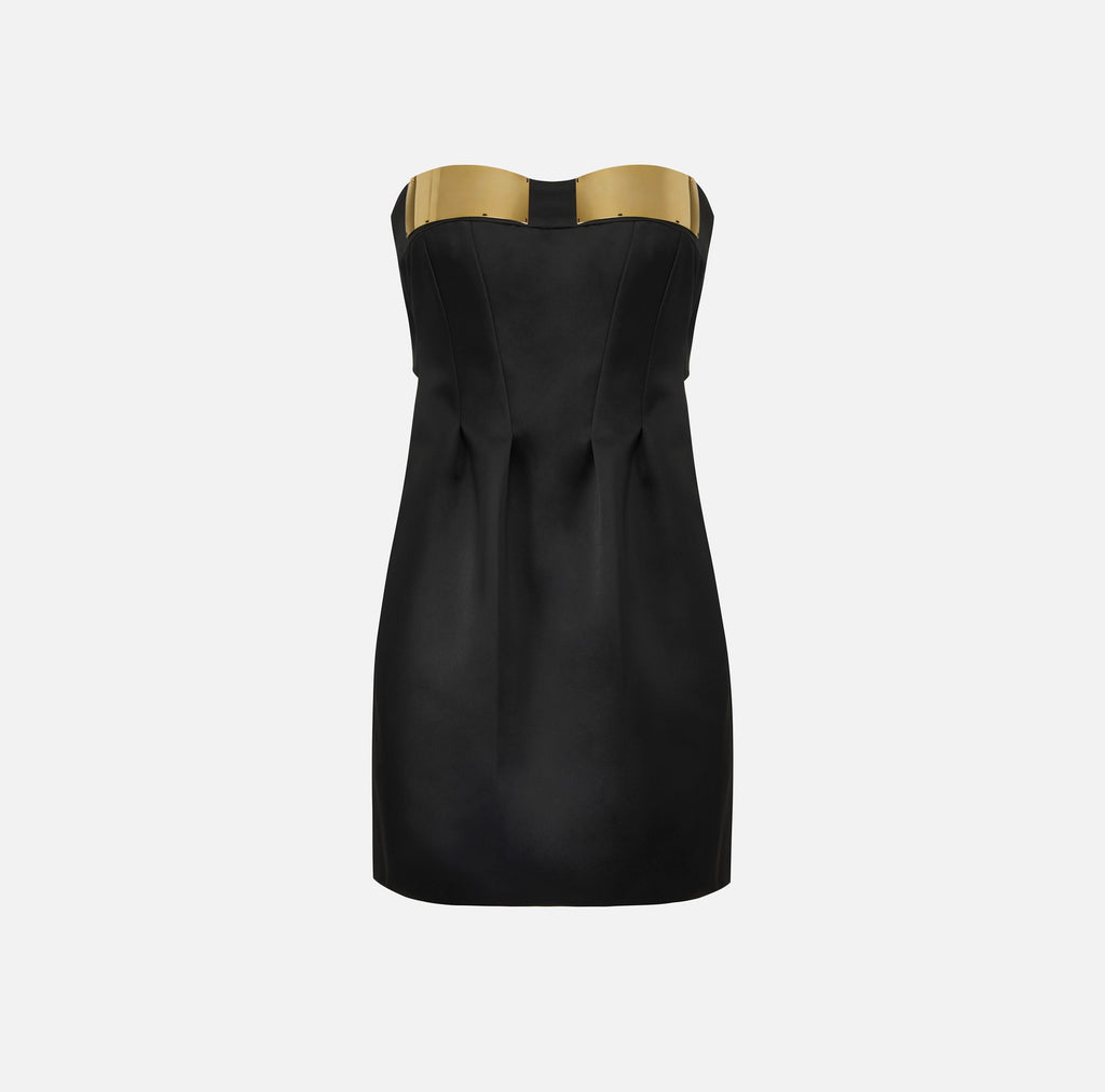 Black duchess satin mini dress with a bow in the back