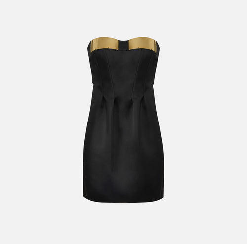 Black duchess satin mini dress with a bow in the back