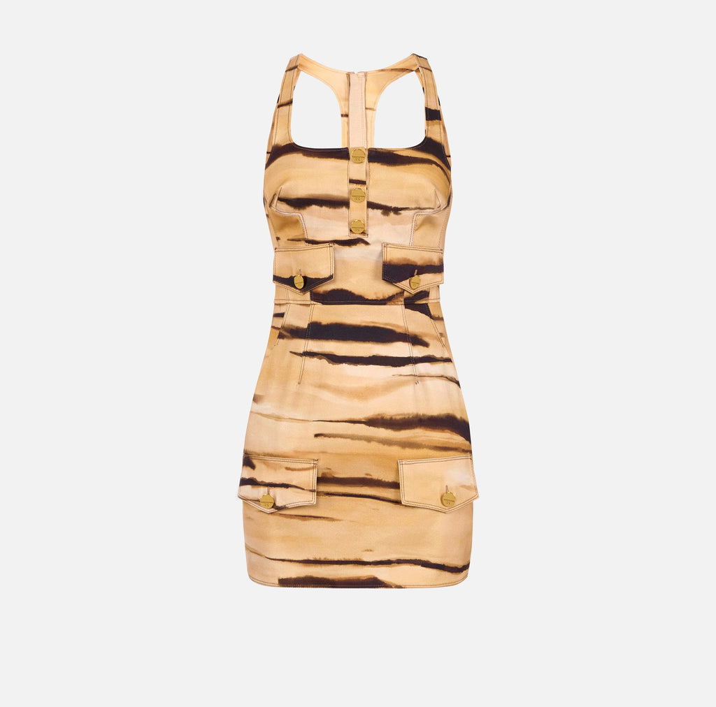 Brown tiger print cotton mini dress with pockets