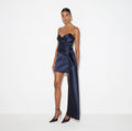 Navy gazar mini strapless dress with a side panel