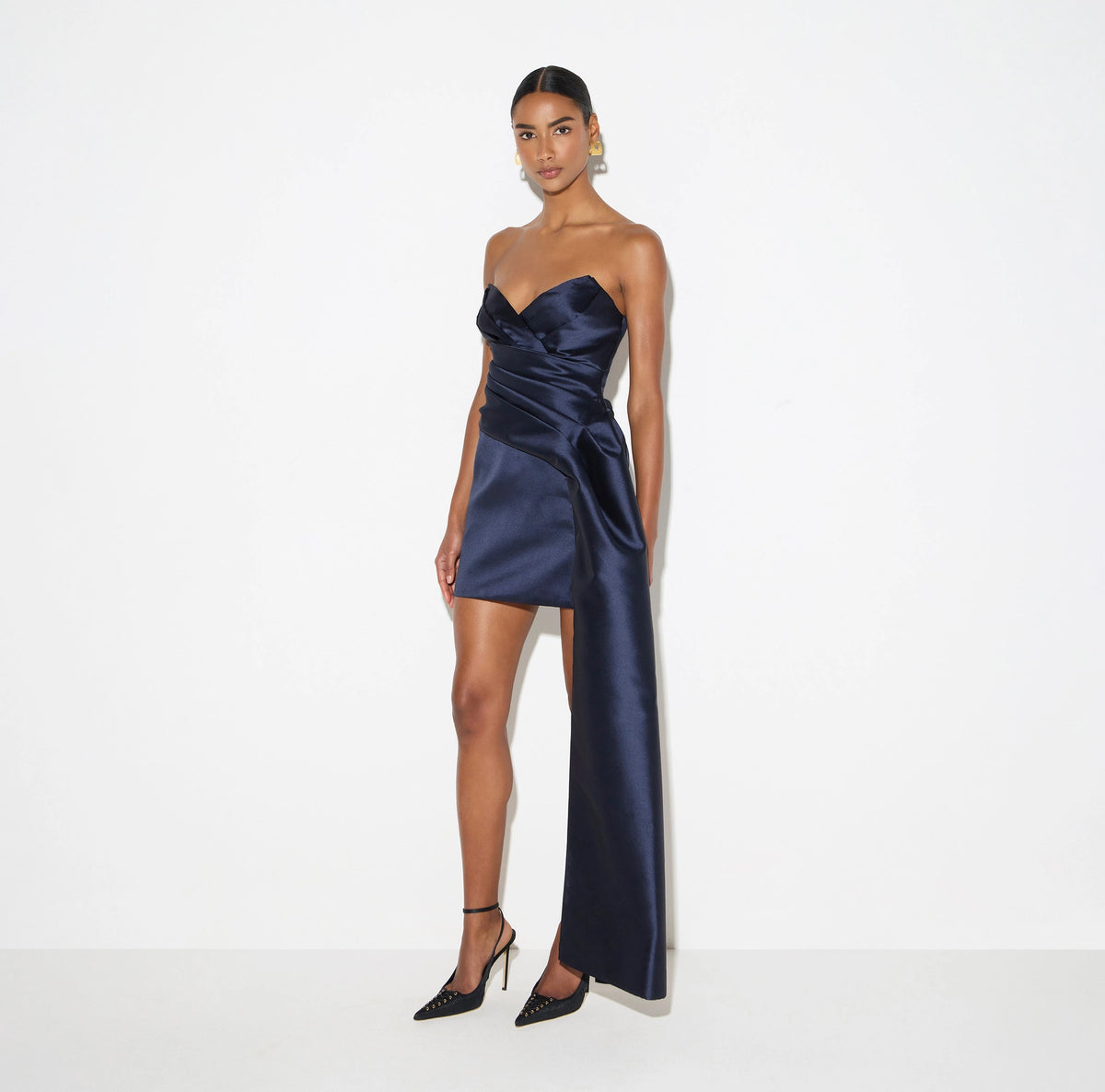 Navy gazar mini strapless dress with a side panel