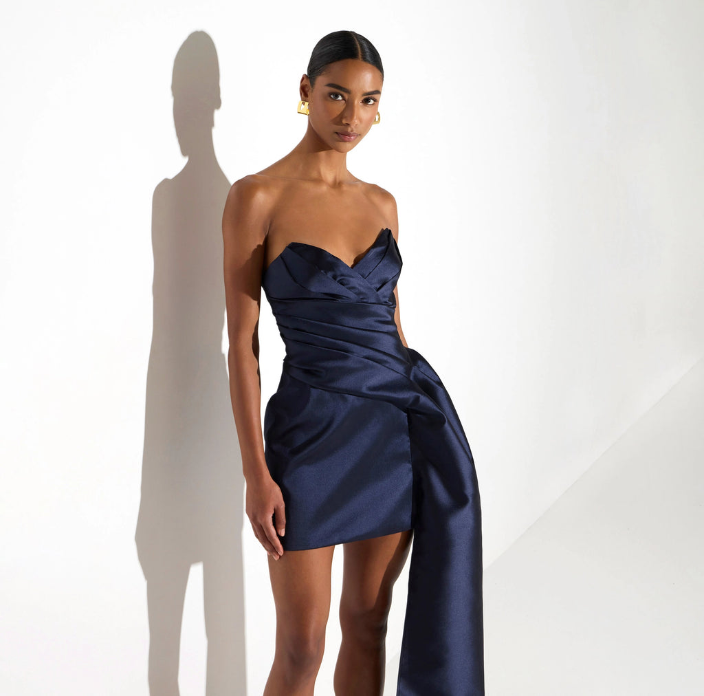 Navy gazar mini strapless dress with a side panel