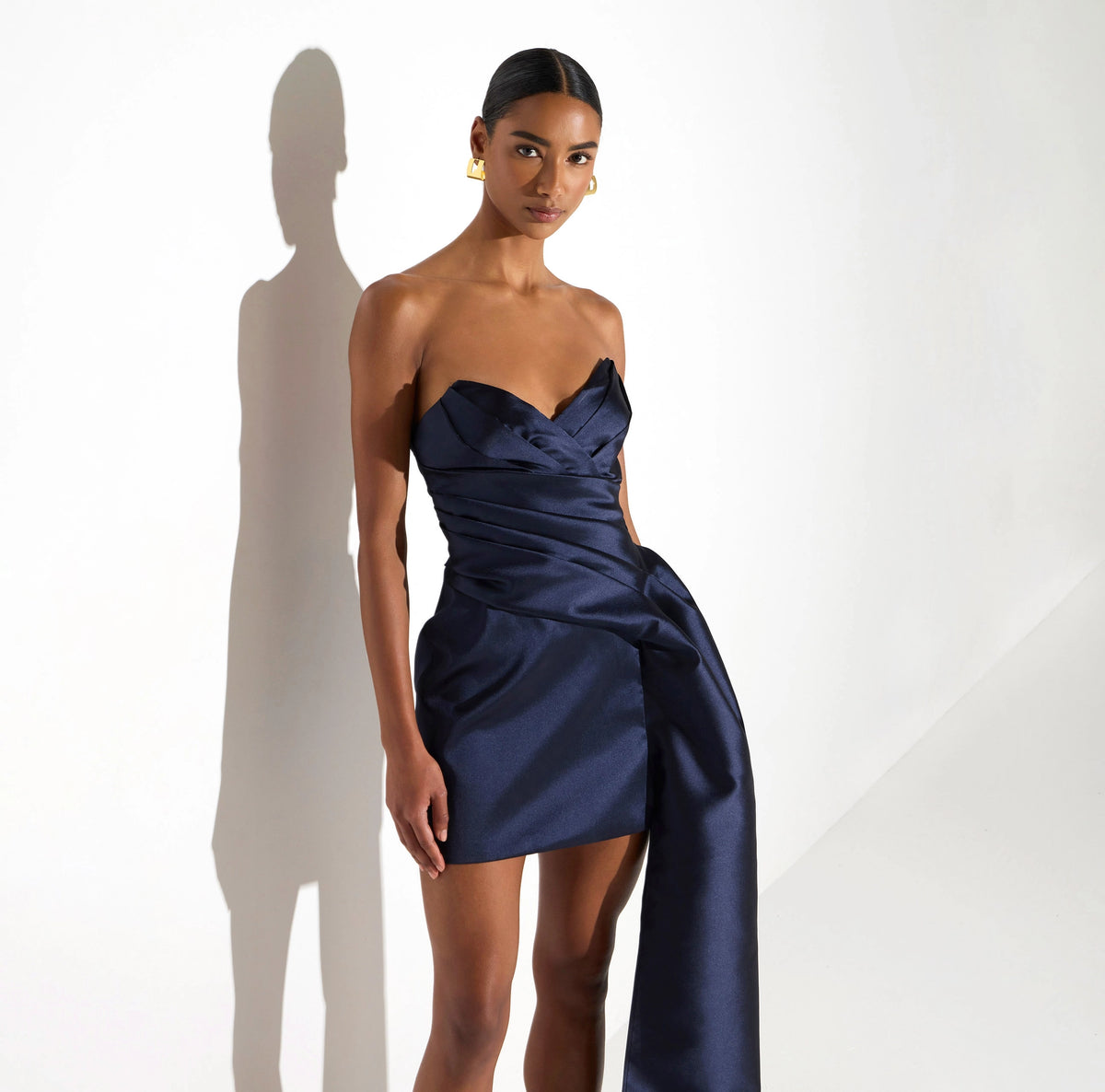 Navy gazar mini strapless dress with a side panel