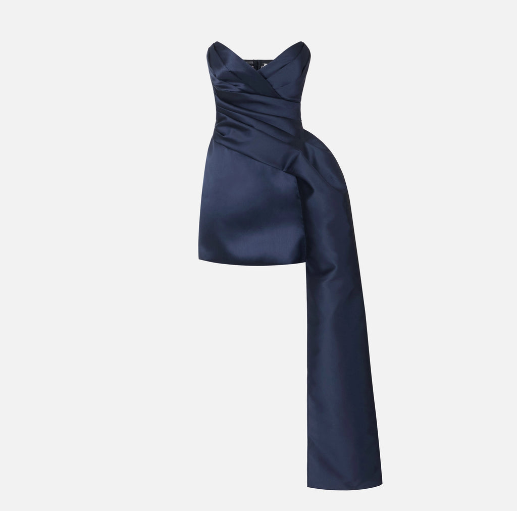 Navy gazar mini strapless dress with a side panel