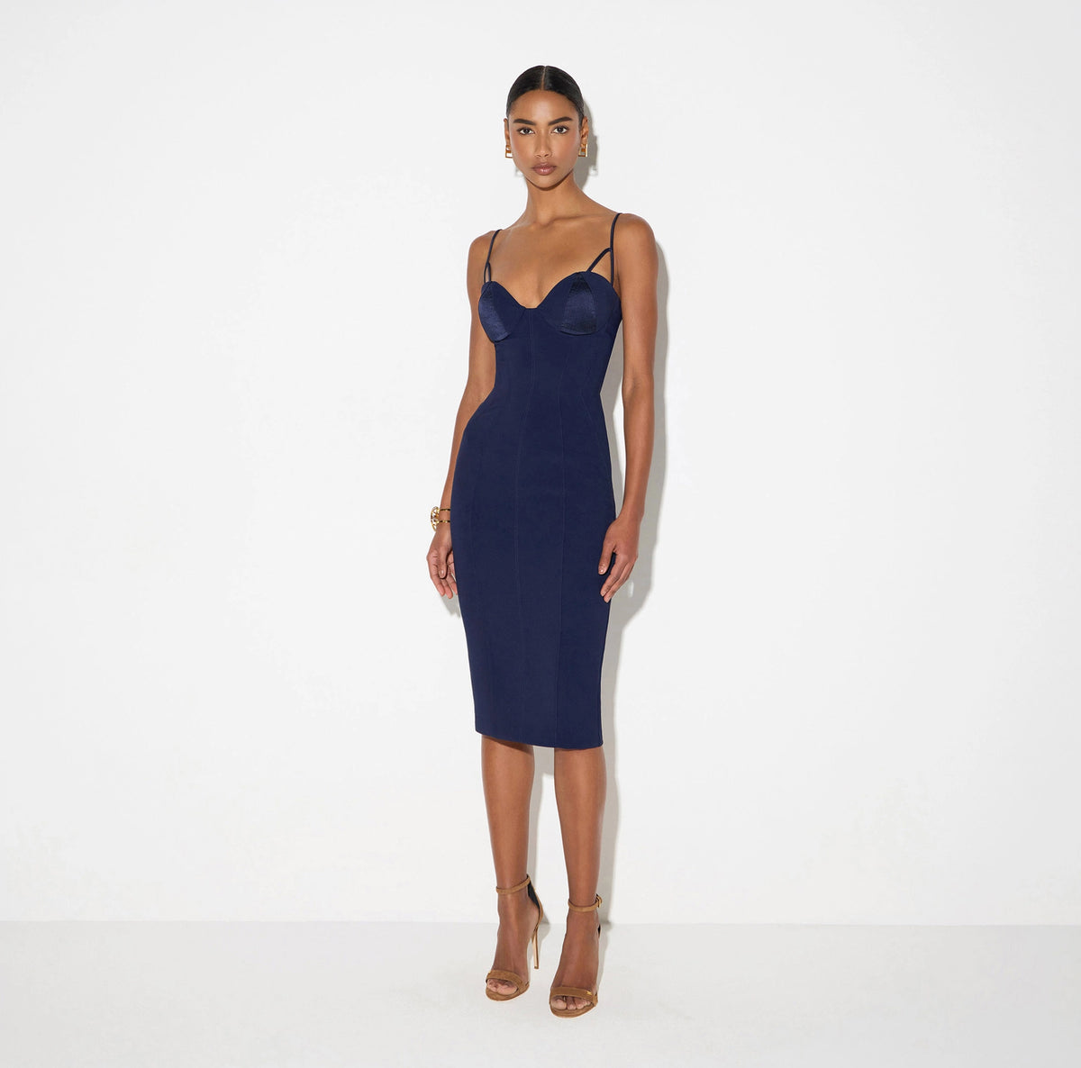 Navy pencil midi dress with lace up back