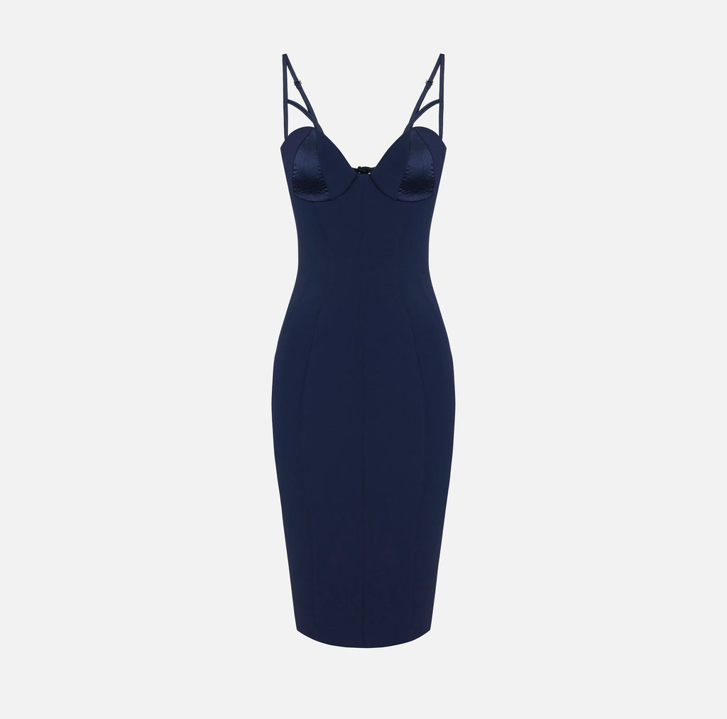 Navy pencil midi dress with lace up back