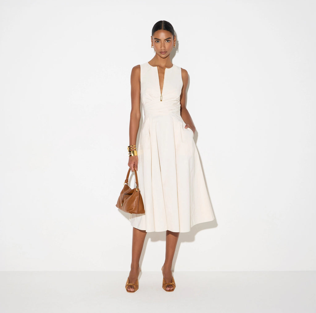 Tan taffeta midi dress with zipper