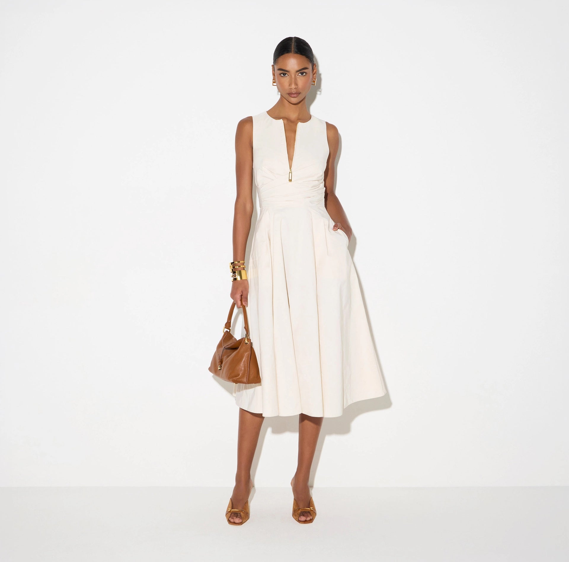 Tan taffeta midi dress with zipper