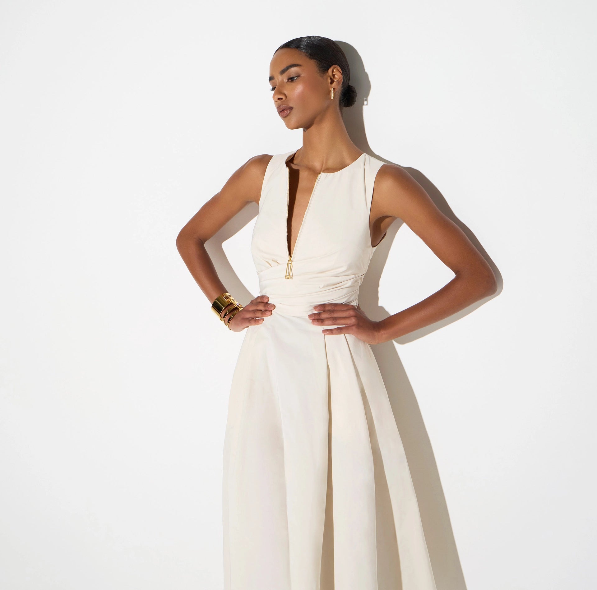 Tan taffeta midi dress with zipper