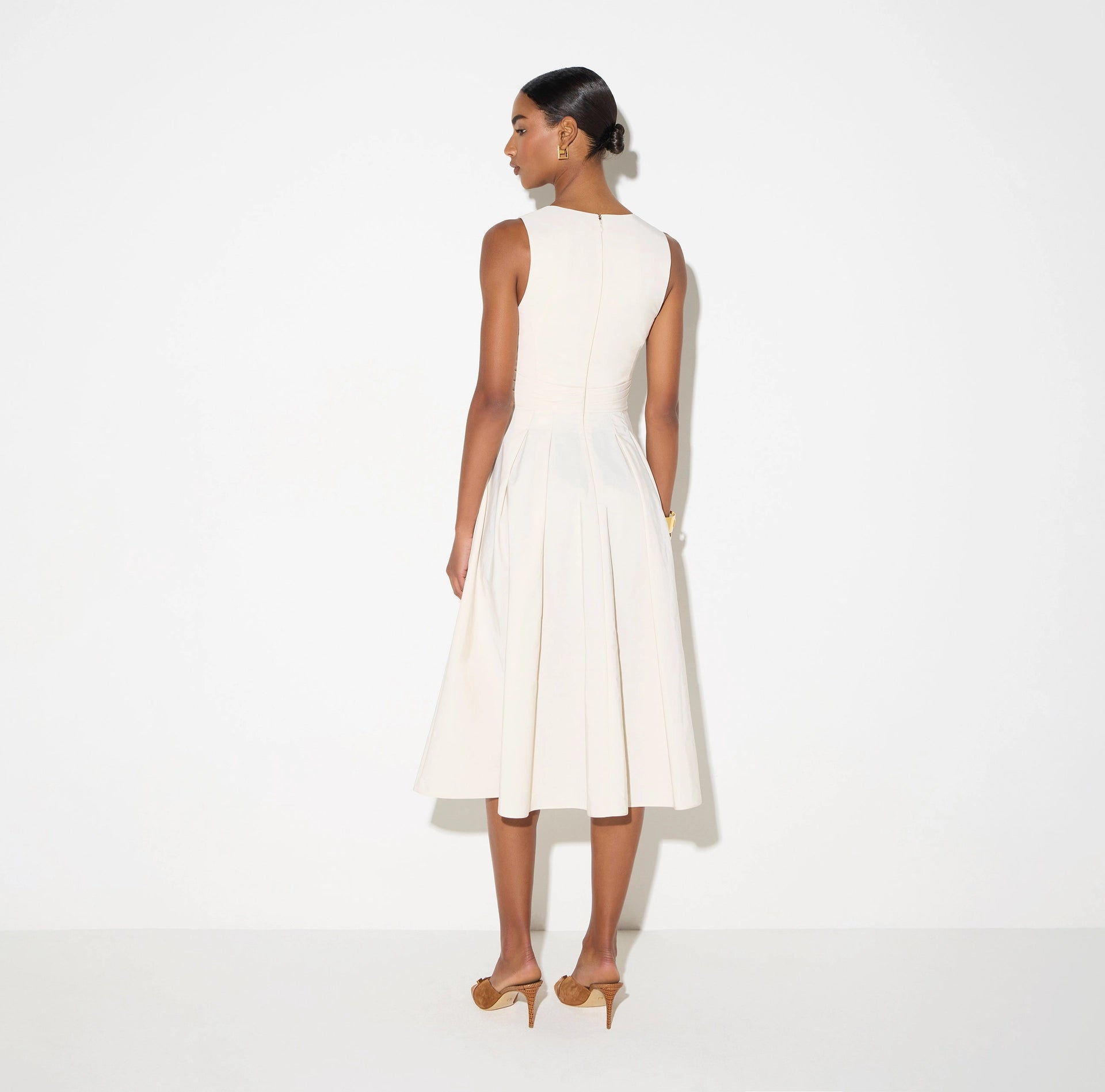 Tan taffeta midi dress with zipper