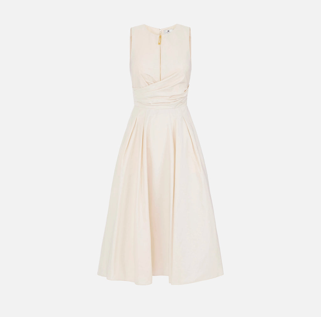 Tan taffeta midi dress with zipper