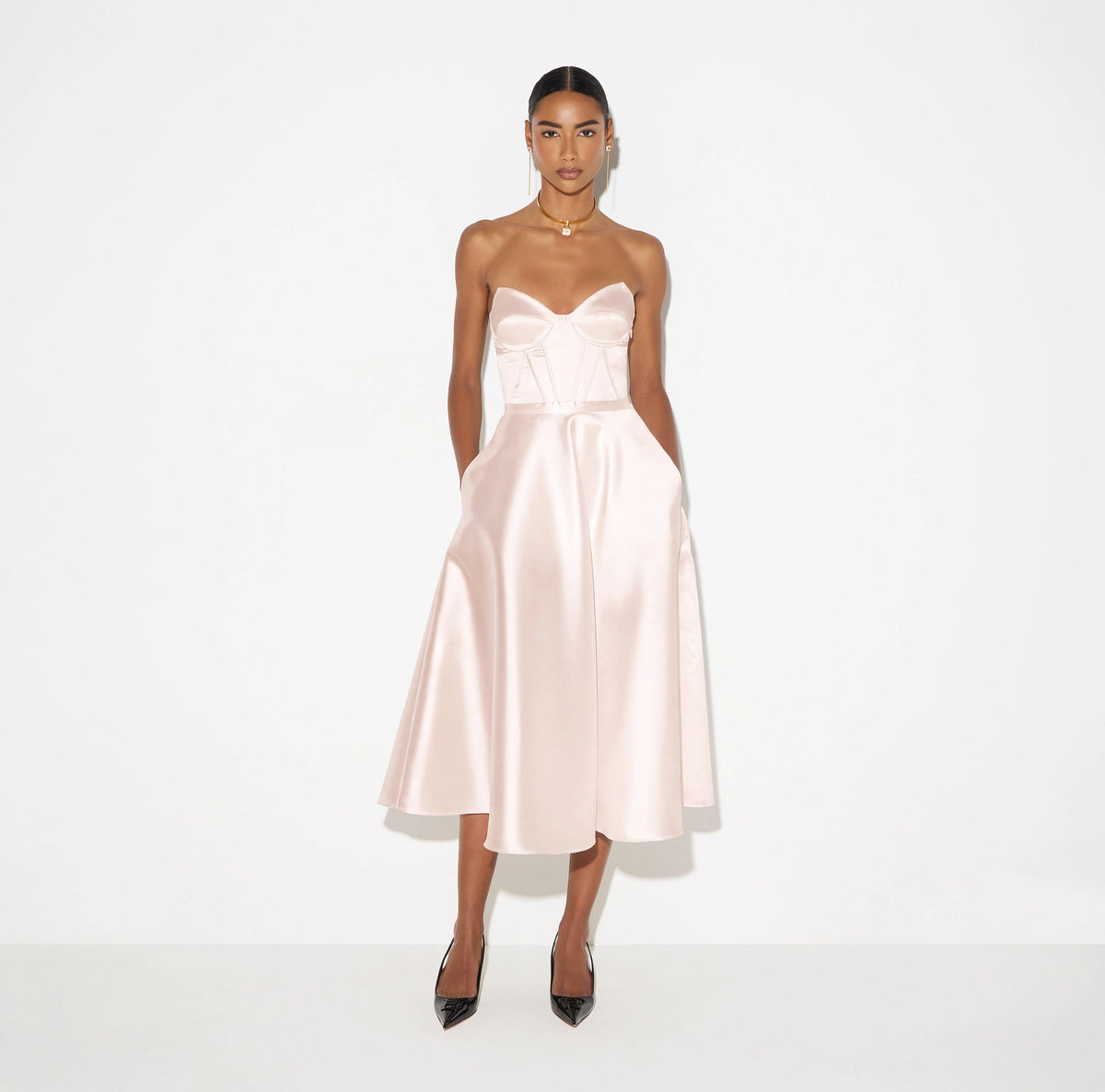 Powder pink gazar  A-line midi strapless dress