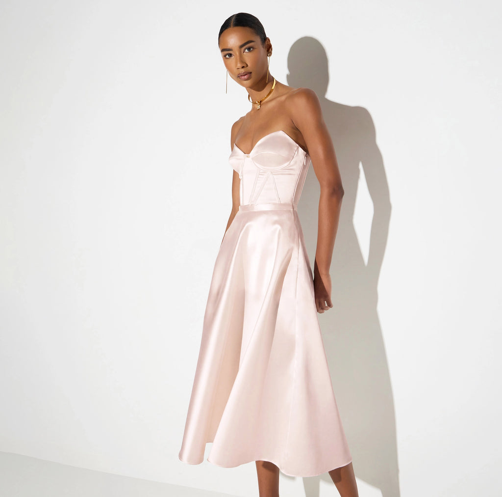 Powder pink gazar  A-line midi strapless dress