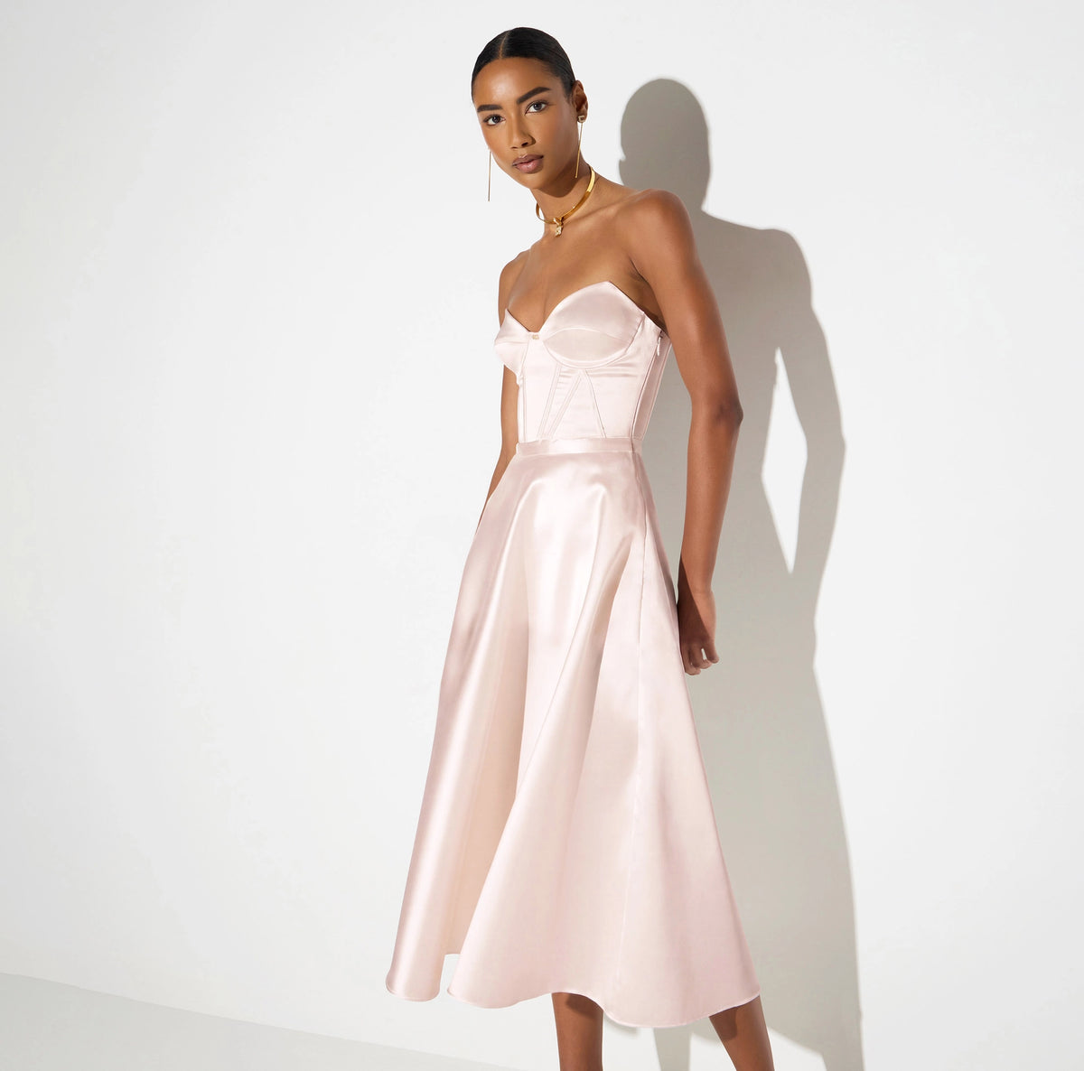 Powder pink gazar  A-line midi strapless dress