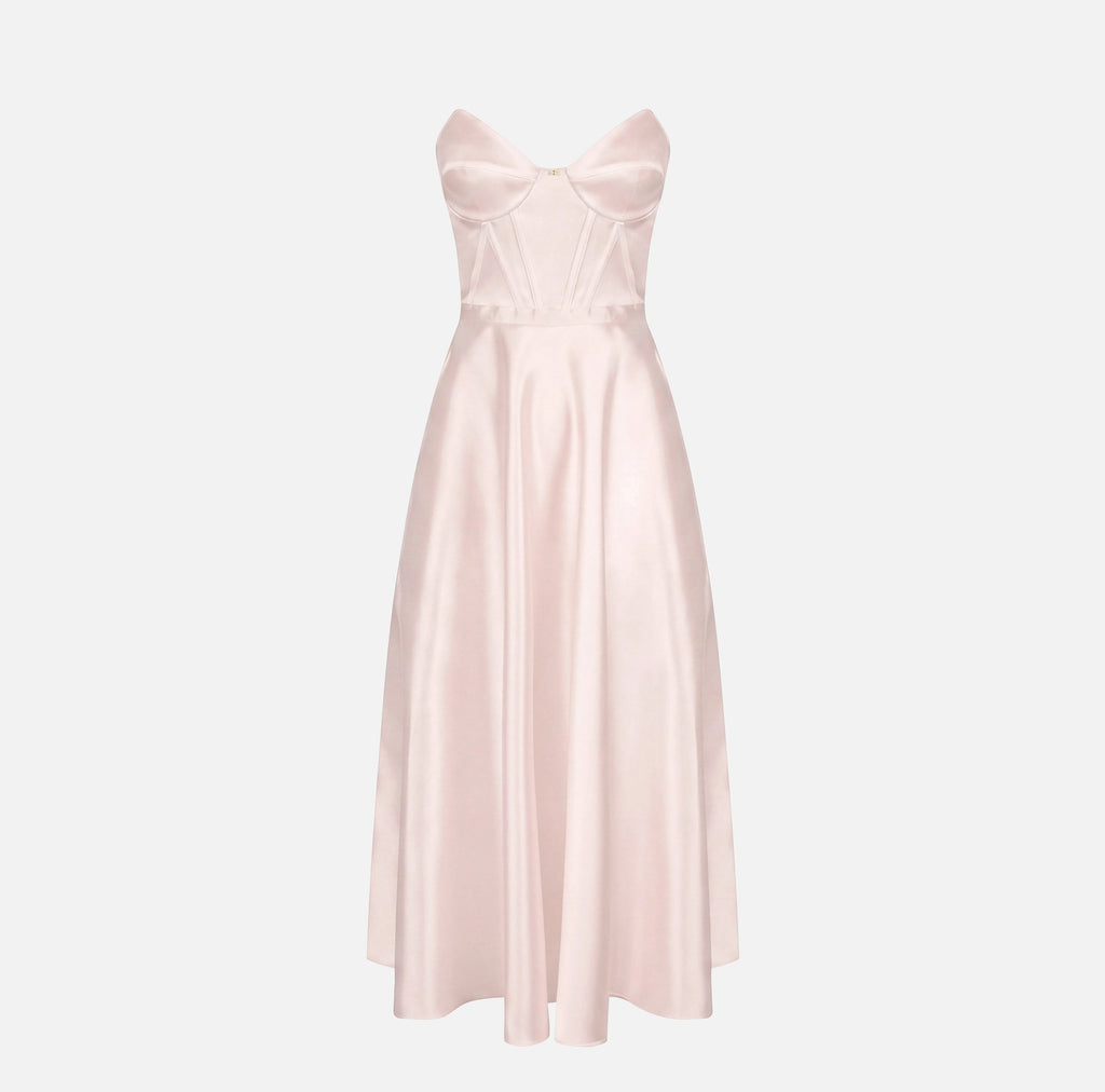 Powder pink gazar  A-line midi strapless dress