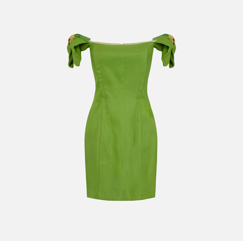 Green linen blend off shoulder mini dress