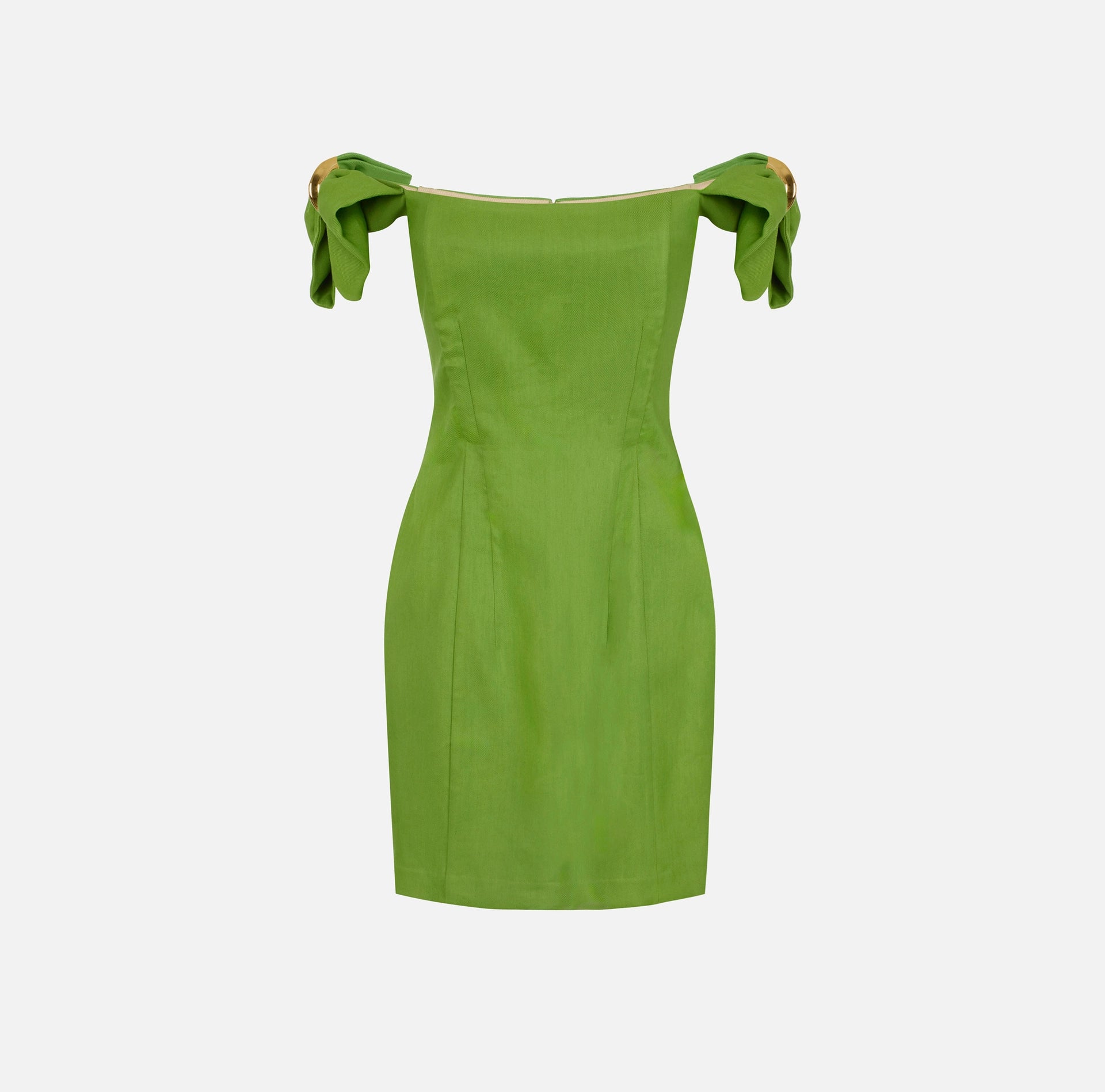 Green linen blend off shoulder mini dress
