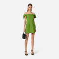 Green linen blend off shoulder mini dress