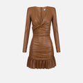Brown pleather mini dress with flounce