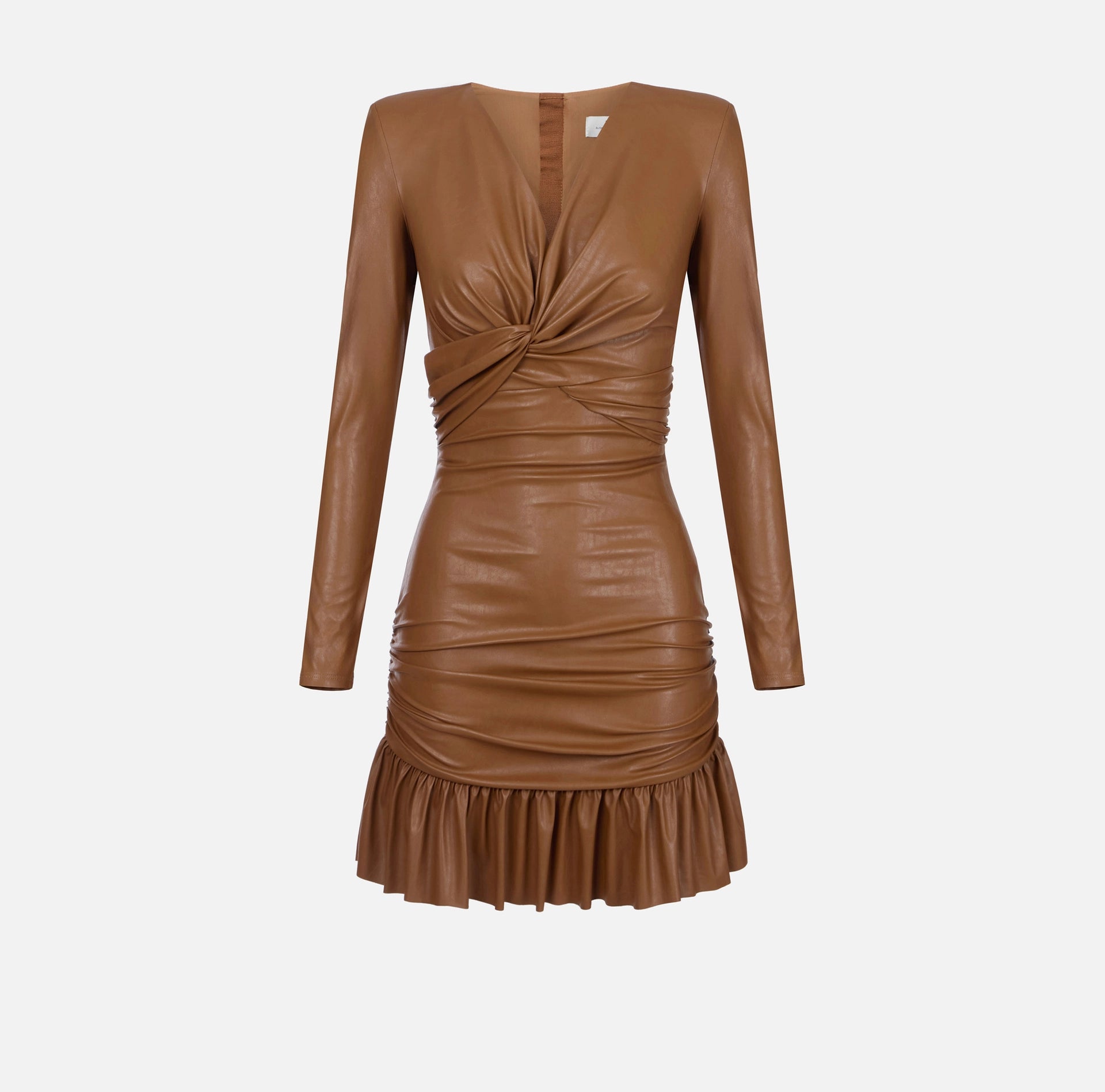 Brown pleather mini dress with flounce