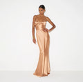 Tan strapless satin gown