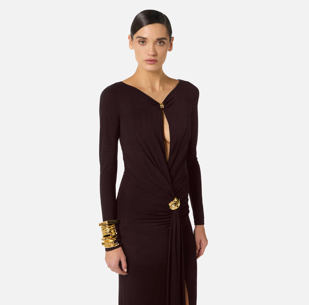 Chocolate Red Carpet jersey gown with sleeves
