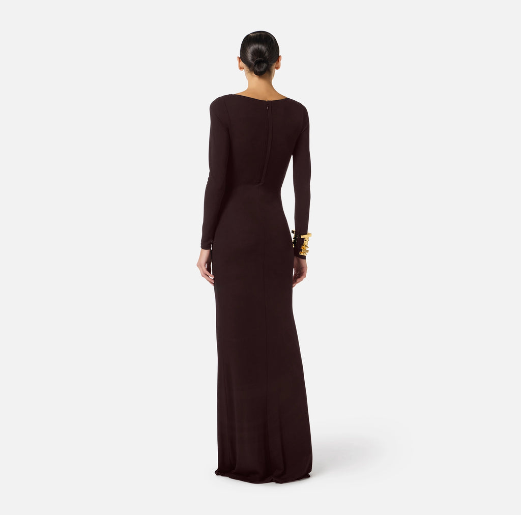 Chocolate Red Carpet jersey gown with sleeves