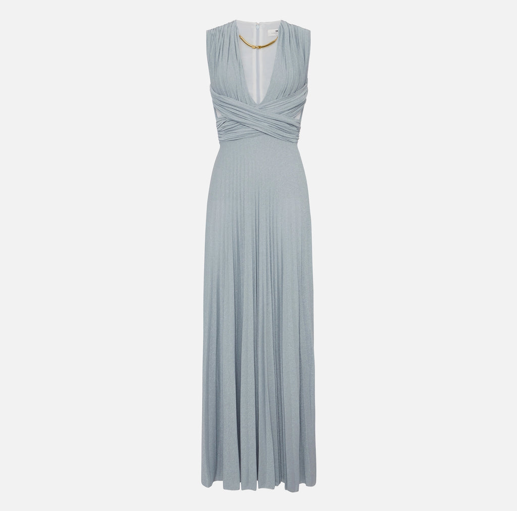 Baby blue lurex jersey pleated evening dress