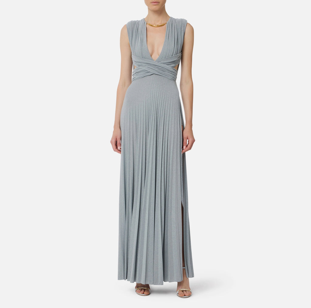 Baby blue lurex jersey pleated evening dress