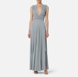 Baby blue lurex jersey pleated evening dress
