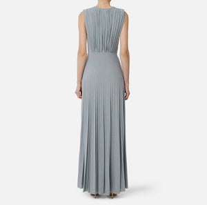 Baby blue lurex jersey pleated evening dress