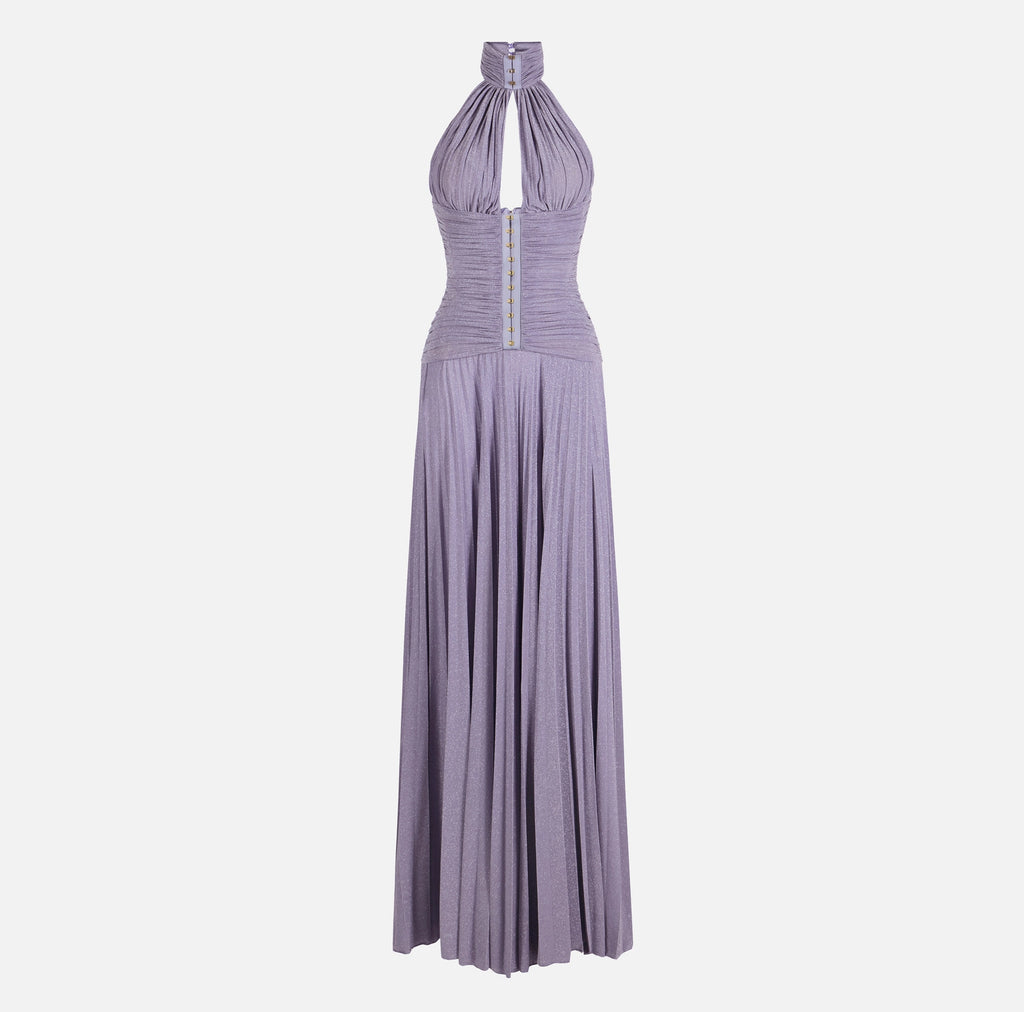 Lilac lame effect pleated jersey red carpet gown