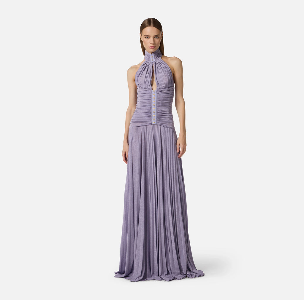 Lilac lame effect pleated jersey red carpet gown