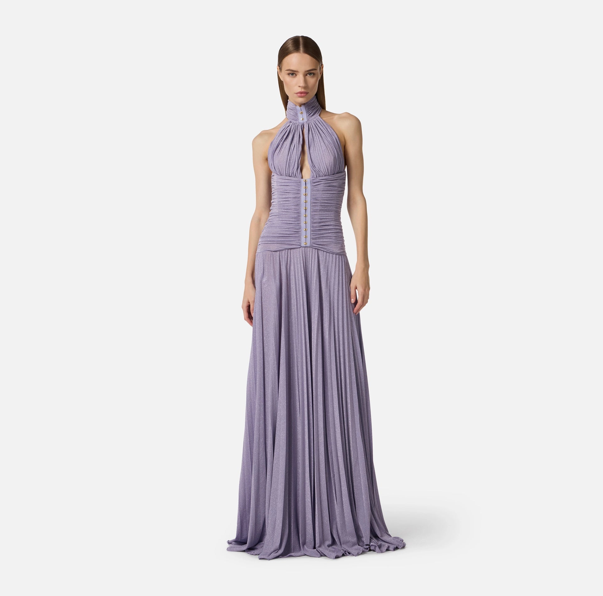 Lilac lame effect pleated jersey red carpet gown