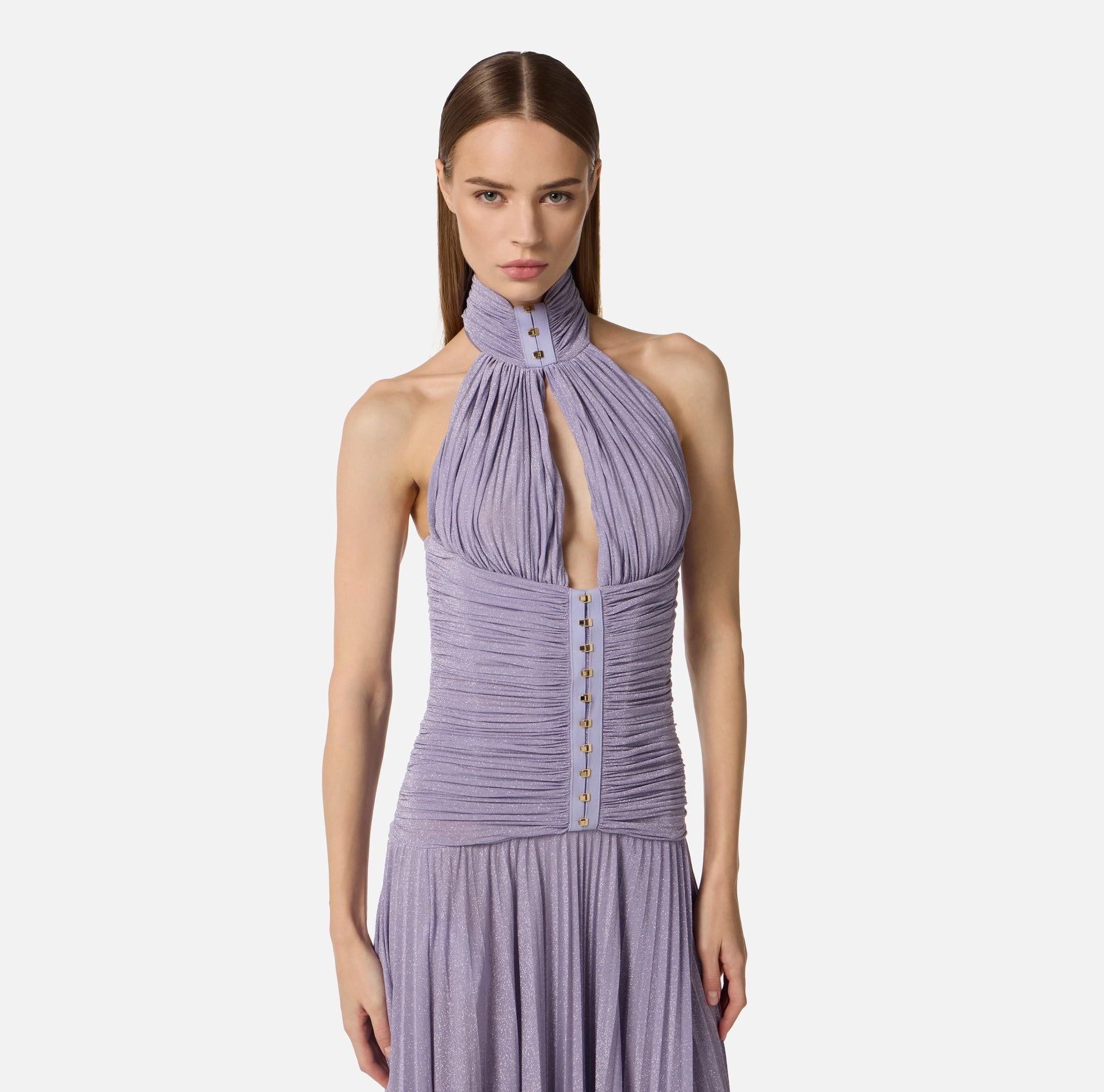 Lilac lame effect pleated jersey red carpet gown