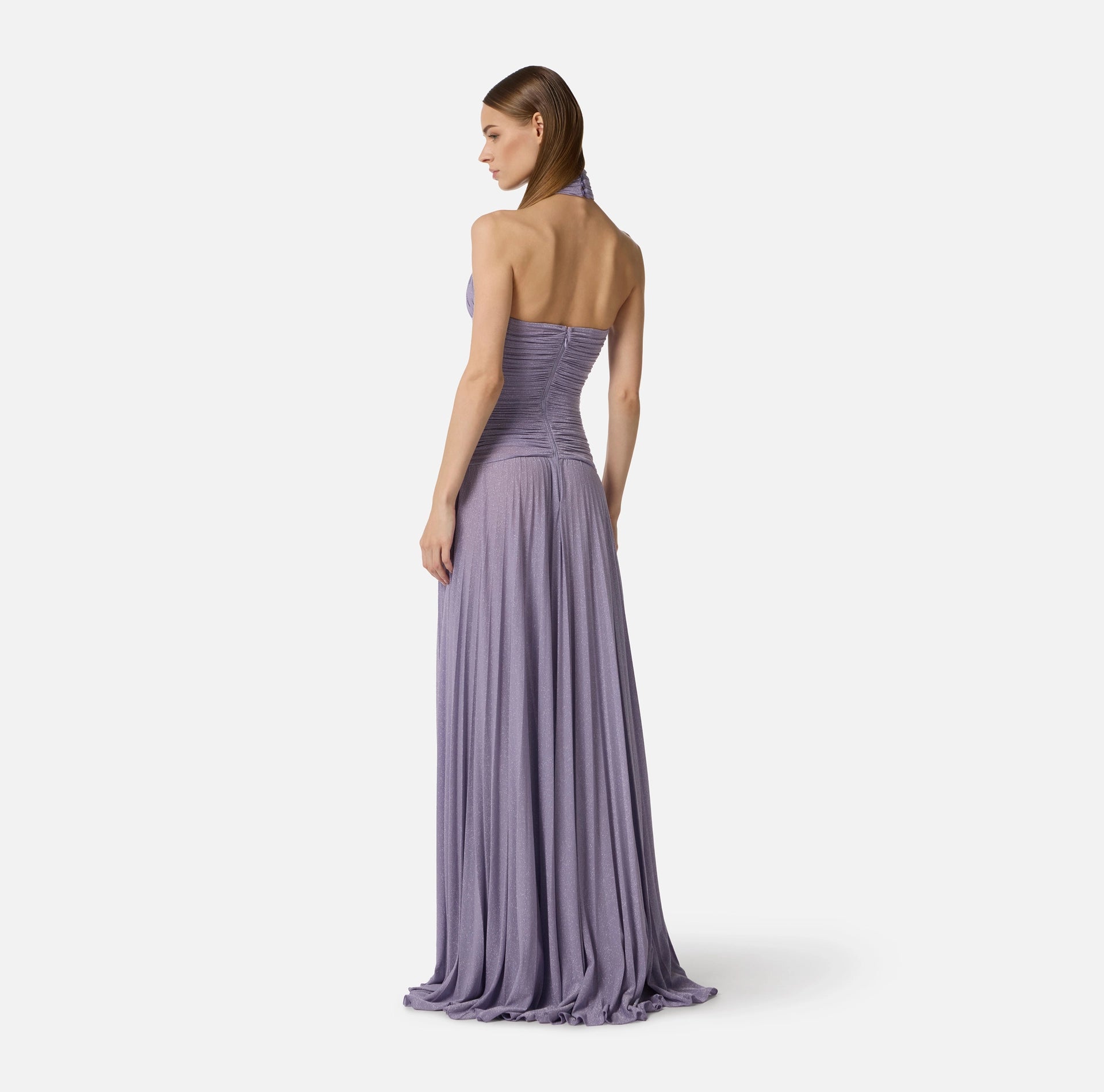 Lilac lame effect pleated jersey red carpet gown