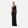 Black one sleeve jersey gown with cut outs