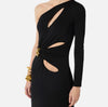 Black one sleeve jersey gown with cut outs