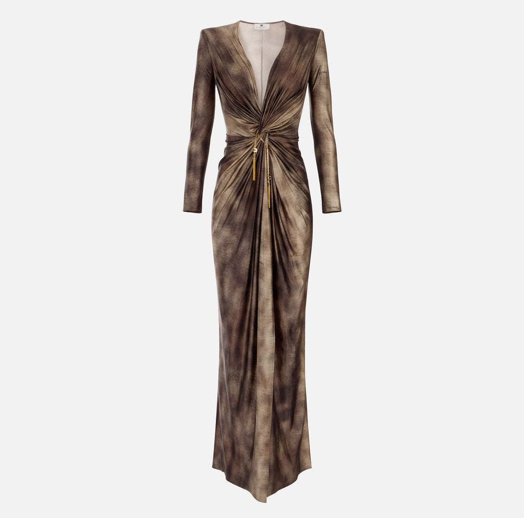 Brown python print lycra  evening gown
