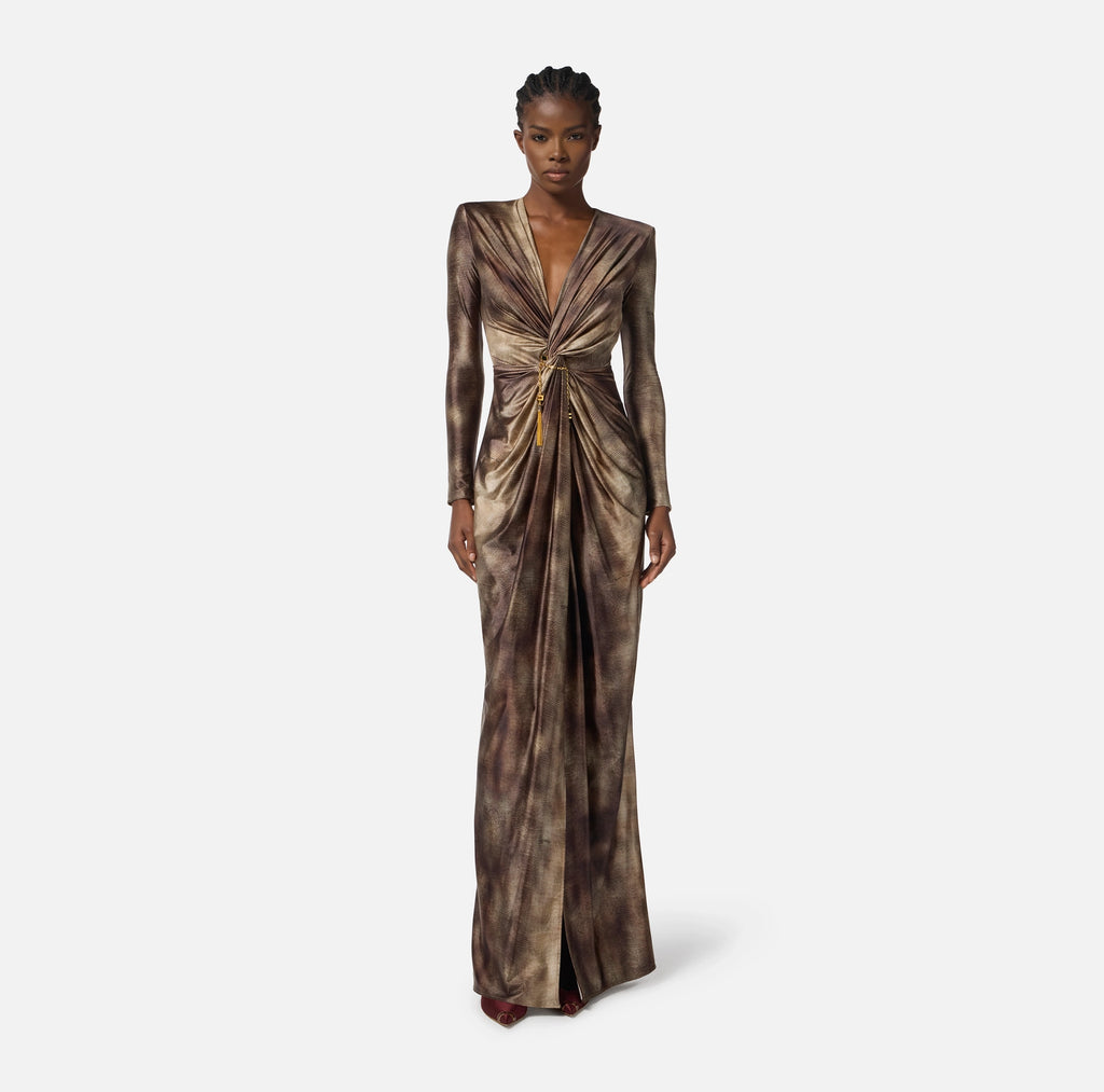 Brown python print lycra  evening gown