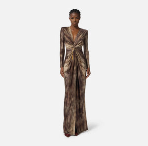 Brown python print lycra  evening gown